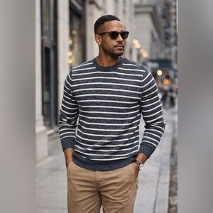 J. Crew Men's blue and White Striped Crewneck Sweater